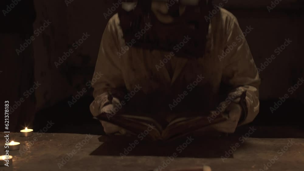 Ghost with cage on his head reading spells next to crucified body in basement. Ghost with cage on his head reading spells next to crucified body in basement.