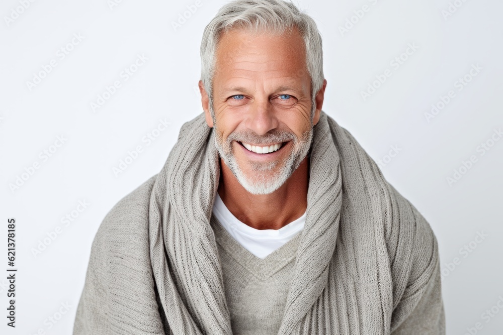 Portrait of a smiling senior man covered with a gray woolen scarf Portrait of a smiling senior man covered with a gray woolen scarf