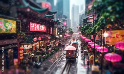 a city street filled with lots of traffic under pink umbrellas.  generative ai © Olga