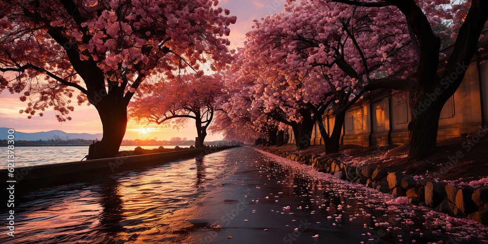 AI Generated. AI Generative. Beautiful Japanese asian walk road with blossom cherry tree plant trees. Romantic calm vacation relax vibe. Graphic Art