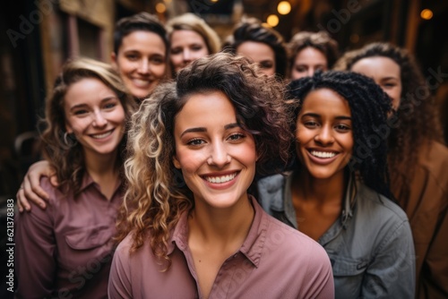 Smiling group of female coworkers posing looking at the camera