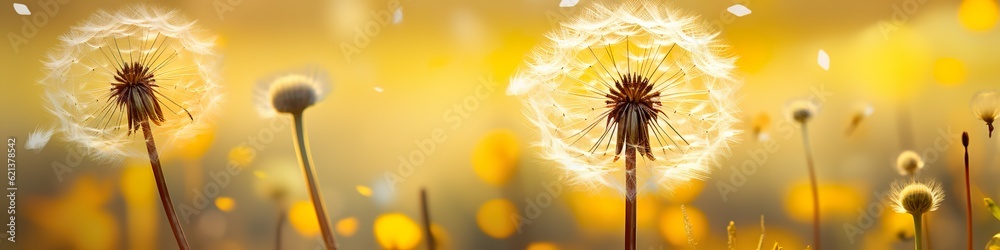 white dandelion in a yellow dandelion field, abstract ai-art, panorama background banner - obrazy, fototapety, plakaty 