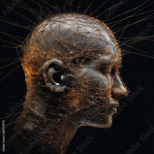 A digital artwork showing a person's brain connected to a complex network of wires and surveillance devices, symbolizing the intrusion of thoughts and privacy