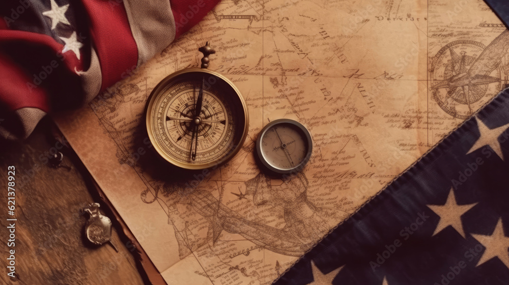 American flag and compass on treasure map on the table for Colombus Day