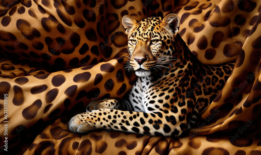 Fototapeta premium a leopard laying on top of a bed covered in a blanket. generative ai