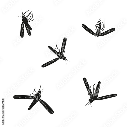 Dead mosquitoes on a white background. A set of defeated mosquitoes in outline.
