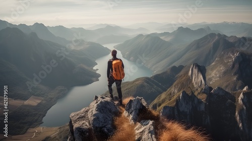 An adventure man or a hiker standing at the edge cliff in a high mountain peak watching the ridge mountain. Generative AI technology.
