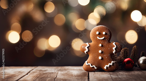 Weihnachtlicher Hintergrund mit einem Lebkuchenmännchen und Weihnachtsdekoration auf Holzuntergrund.