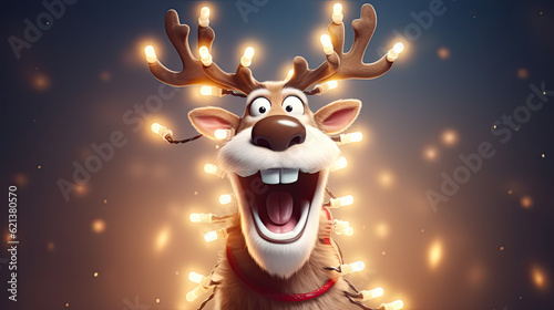 Lustiges, lachendes Weihnachts-Rentier im Cartoon-Stil, dass sich in einer Lichterkette verfangen hat.