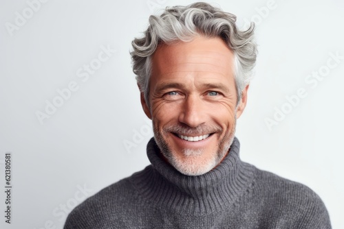 Close up portrait of a handsome mature man smiling and looking at camera isolated on a white background