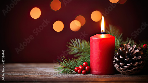 Eine brennende rote Kerze auf Holzuntergrund  symbolisch f  r den ersten Advent. Dekoration aus Tannenzweigen  roten Beeren und Tannenzapfen.