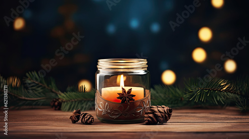 Eine brennende Kerze im Glas, stehend auf Holzuntergrund. Dekoriert mit grünen Tannenzweigen, Sternanis und Tannenzapfen. Symbolisch für den 1. Advent. photo