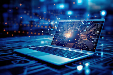 Futuristic illustration about computer technology with a laptop in neon colors. For cover backgrounds, wallpapers and other modern projects. Generated with AI