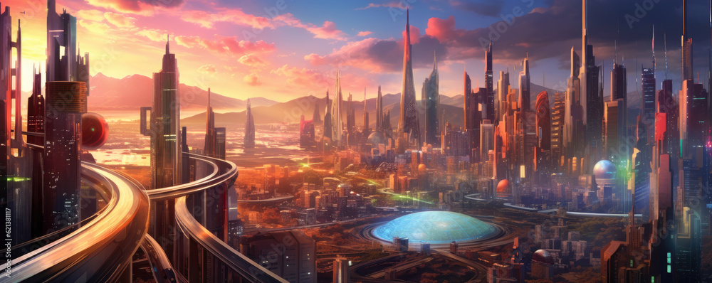 Obraz premium Futuristic cityscape with holographic buildings and advanced infrastructure, portraying a vision of smart cities and digital transformation in the corporate world panorama