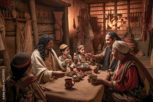 Depiction of an ancient Egyptian life at home with Ancient Egyptians sipping tea and engaging in lively conversation