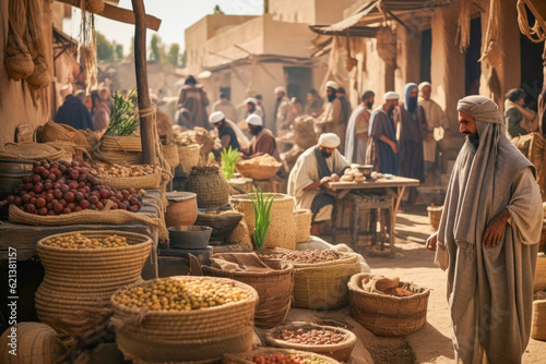 Depiction of life in Ancient Egypt: Marketplace in Thebes where merchants from distant lands barter their exotic goods like fine textiles and spices, while locals gather to stock up on essentials