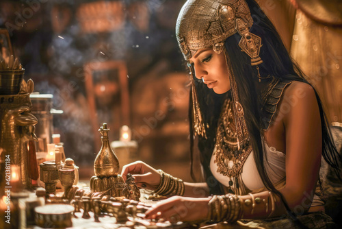  Noble woman in Ancient Egypt attending to her beauty rituals with precious oils and elaborate jewelry