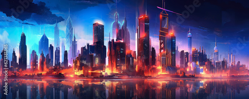 Futuristic cityscape with sleek skyscrapers and glowing neon lights, capturing the modernity and technological advancement of urban business districts panorama