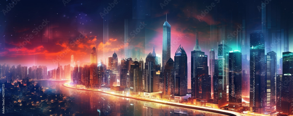 Bright and vibrant cityscape at night with colorful lights and skyscrapers, capturing the fast-paced and energetic atmosphere of urban business districts panorama