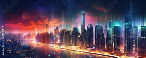 Bright and vibrant cityscape at night with colorful lights and skyscrapers, capturing the fast-paced and energetic atmosphere of urban business districts panorama