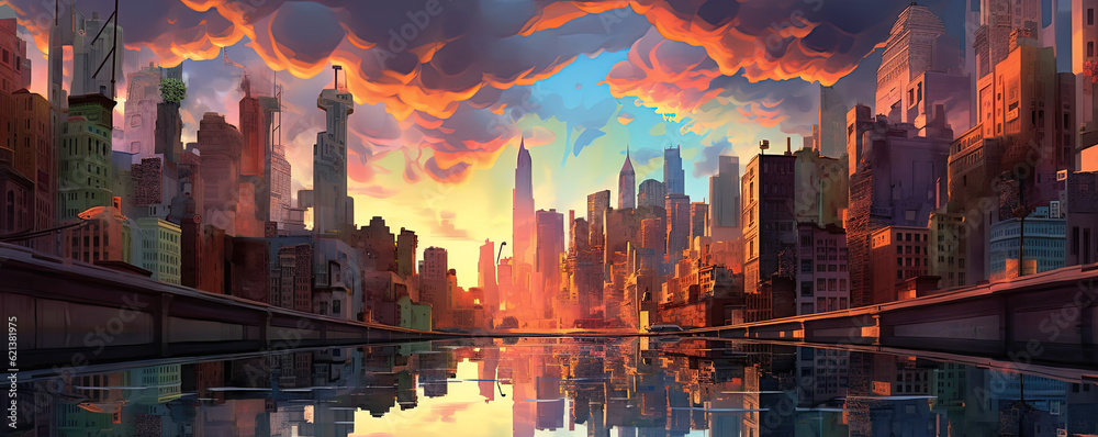Surreal City Mirage: surreal panorama where reality and illusion blend, creating a mirage-like cityscape with distorted perspectives, vibrant colors