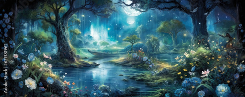 Enchanted Moonlit Garden: magical panorama of a moonlit garden, where delicate flowers bloom under the shimmering moonlight, and fairies dance amidst a gentle breeze panorama