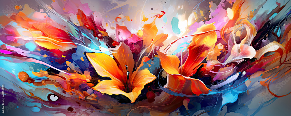 collision of vibrant floral elements and abstract shapes, merging the beauty of nature with artistic expression panorama