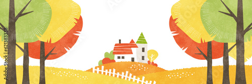 紅葉した木々から覗く丘の上の家の風景 秋の水彩背景イラスト
