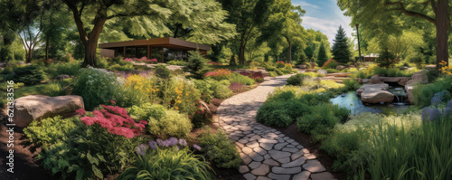 panoramic view of a vibrant botanical garden  with colorful flowers  lush greenery  and meandering pathways  creating a peaceful and enchanting oasis of natural beauty panorama