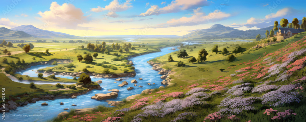 panoramic view of a peaceful countryside, with blooming wildflowers, rolling hills, and a winding river meandering through the landscape, offering a serene
