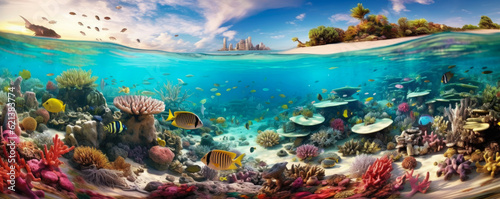 breathtaking panoramic view of a vibrant coral reef teeming with colorful marine life, with coral formations, tropical fish, and crystal-clear turquoise waters © aicandy