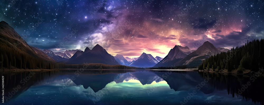 mesmerizing panoramic shot of a starry night sky, with the Milky Way galaxy stretching across the horizon, illuminating the silhouettes of towering mountains