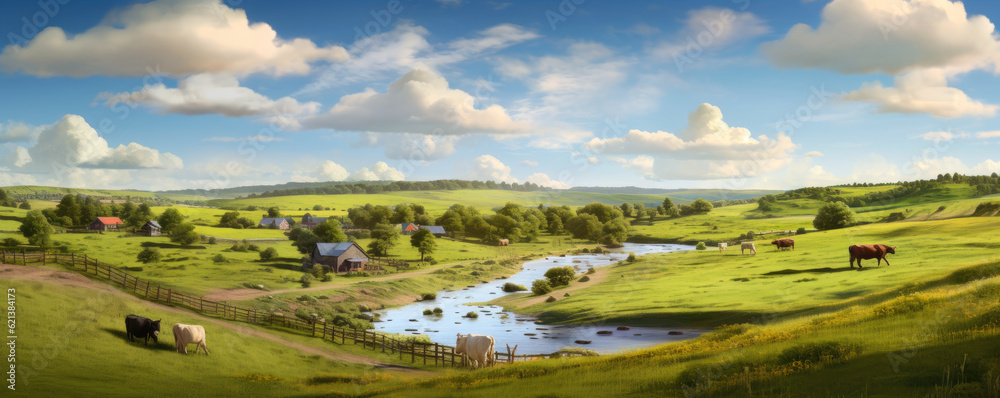 panoramic shot of a peaceful countryside landscape, with rolling hills, meandering rivers, charming farmhouses, and grazing livestock