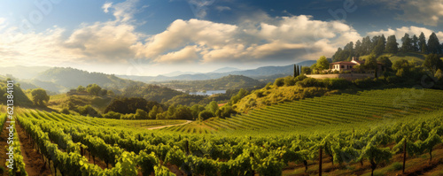 expansive panoramic view of a sun-kissed vineyard, with rows of grapevines stretching across the landscape, lush green foliage