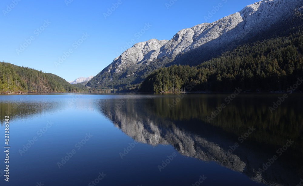 Reflection of snow-covered mountain range in the lake