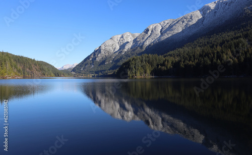 Reflection of snow-covered mountain range in the lake