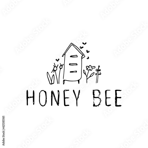Honey bee design. Hand-drawn bee house. Cartoon hive with bees. 