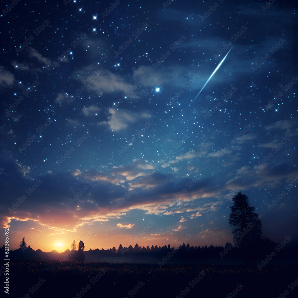 Obraz premium The captivating full moon glows brilliantly in the night sky, casting its gentle light upon a backdrop of twinkling stars, creating a breathtaking and ethereal scene that inspires wonder and awe
