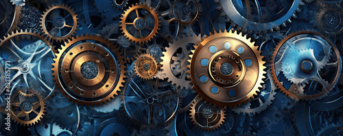 futuristic abstract background with interlocking gears and cogs, symbolizing innovation and the intricacies of technology panorama