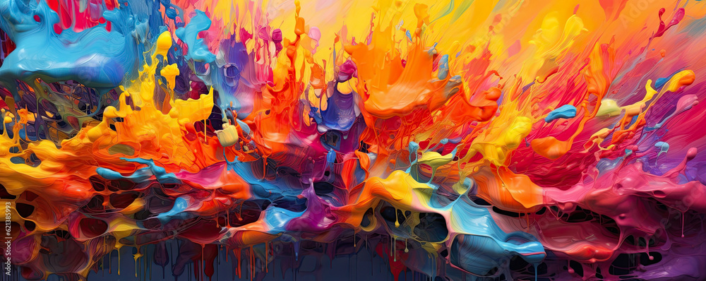 explosion of vibrant splashes and drips in a rainbow of colors, converging to form a captivating abstract background with a dynamic and energetic feel panorama