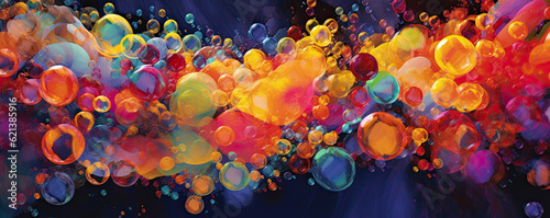 symphony of colorful bubbles floating on a dark abstract background, creating a whimsical and joyful atmosphere panorama