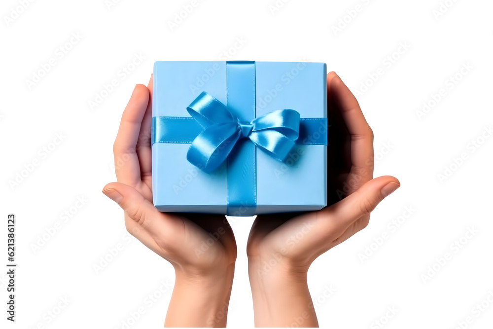 blue gift box with a bow in hands, clipart isolated on transparent background, generative ai blue gift box with a bow in hands, clipart isolated on transparent background, generative ai