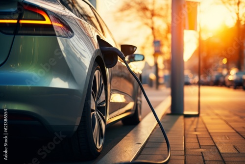 Charging EV car electric vehicle clean energy for driving future. Background with copy space
