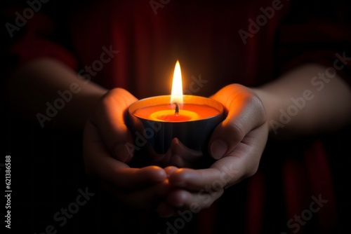 Burning candle in female hands with selective focus. AI generated, human enhanced