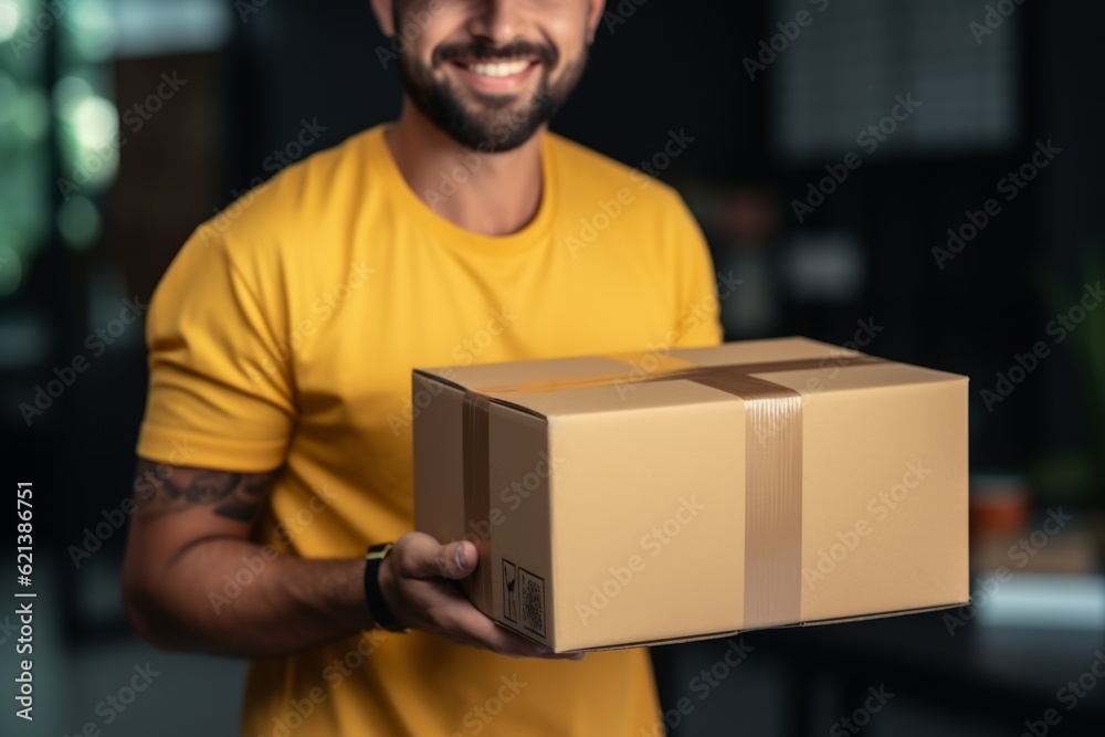 Box with goods. Delivery of online order online store. Background with selective focus and copy space Box with goods. Delivery of online order online store. Background with selective focus and copy space