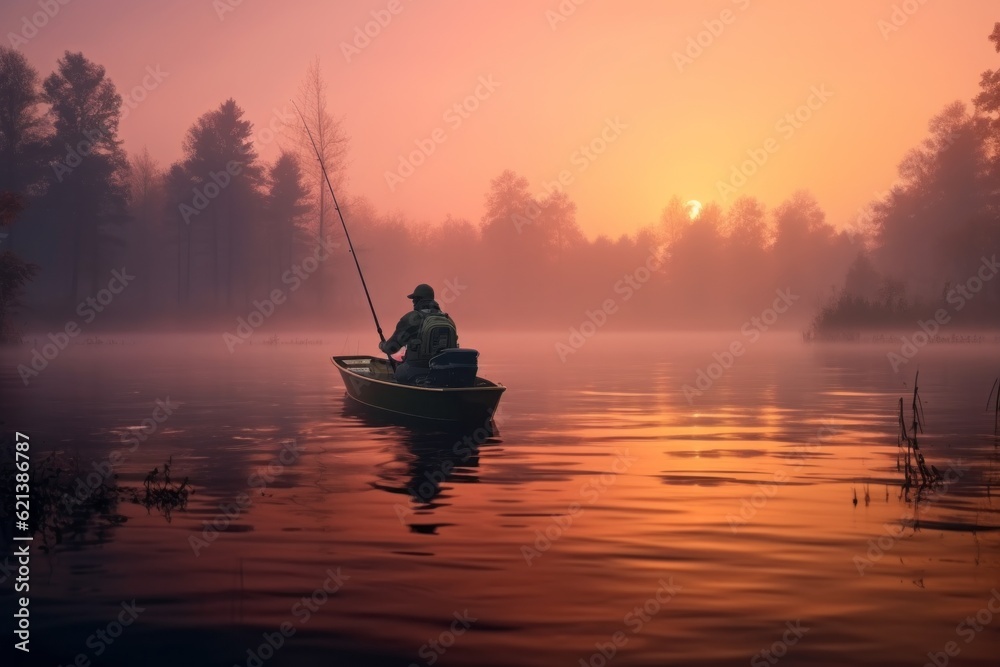 A man is a fisherman on a fishing trip. Background with selective focus and copy space
