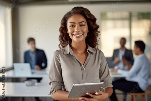 Happy and cheerful woman executive in a corporate office. Portrait with selective focus and copy space photo
