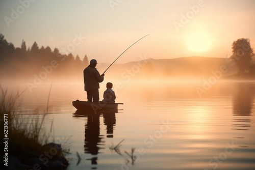 Fishermen s son with his father on a fishing trip. Background with selective focus and copy space