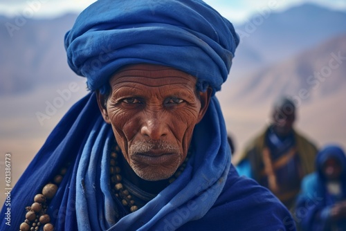 Adult Tuareg man in authentic national blue clothes. Background with selective focus. AI generated, human enhanced