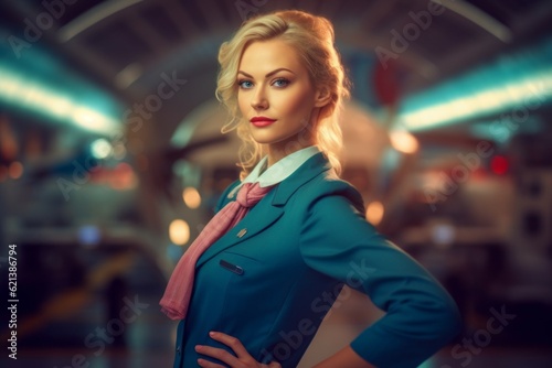 Stewardess. Background with selective focus. AI generated, human enhanced